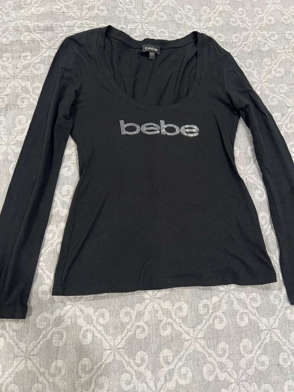 bebe Black Long Sleeve Scoop Neck Rhinestone Logo Tee